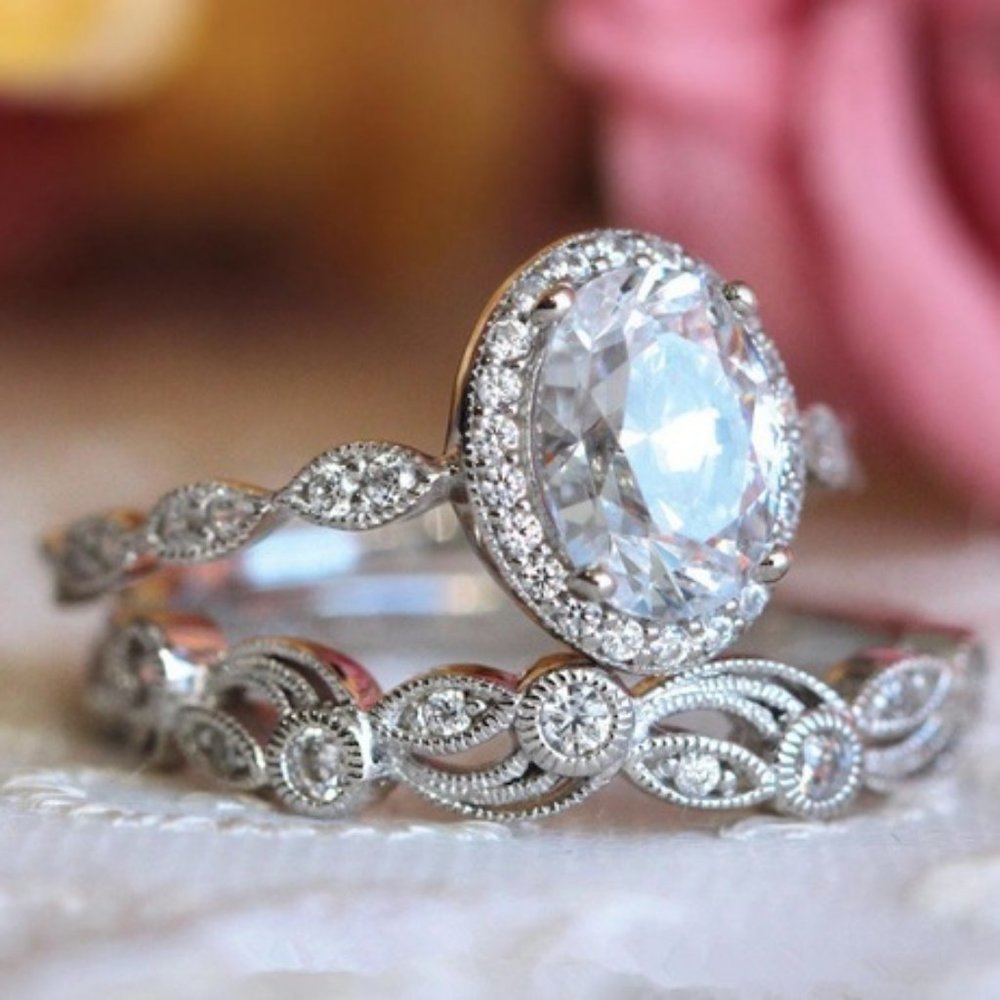 NEW 925 Sterling Silver Oval Cut Diamond 2P Ring C